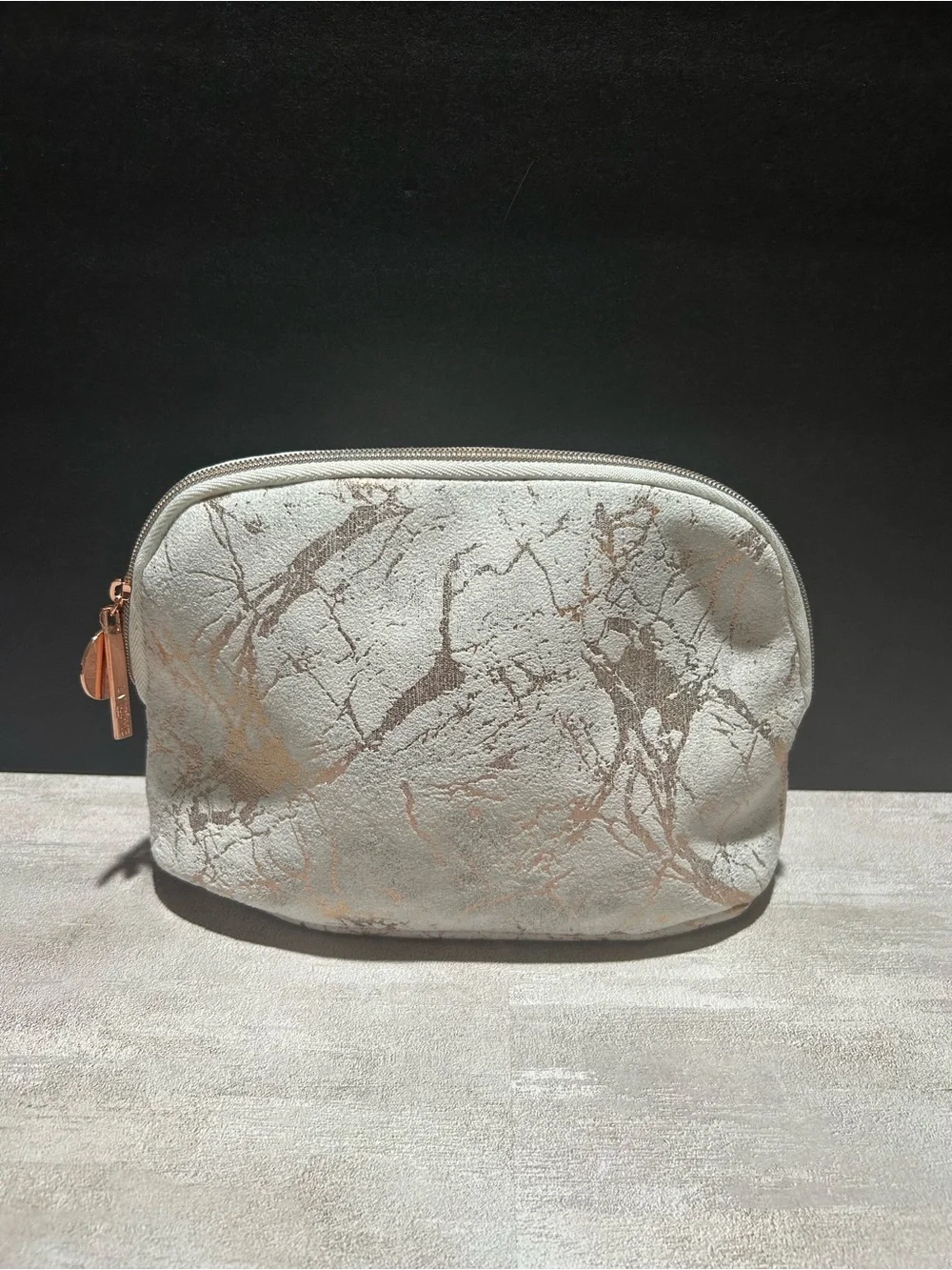 Metallic Marble-Print Cosmetic Pouch - White and Rose Gold